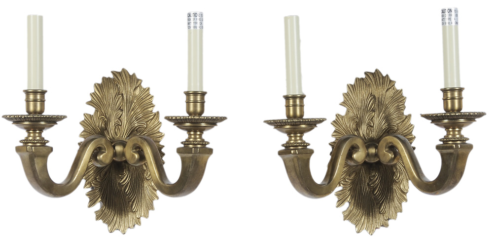 Appraisal: Pair Brass Sconces modern heavy construction with two scrolled arms