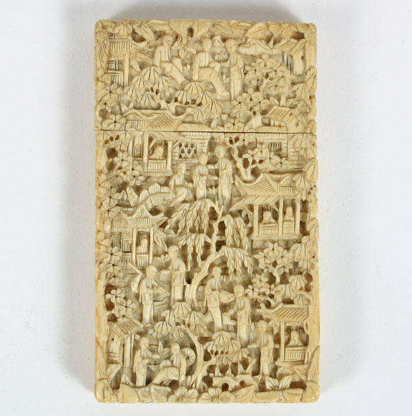 Appraisal: Chinese ivory card case intricately carved with scenes of everyday