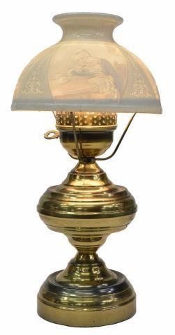 Appraisal: Brass oil lamp now electrified with bisque porcelain Lithophane shade