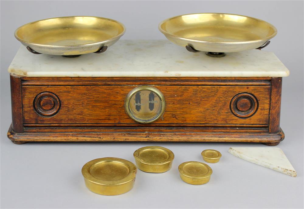 Appraisal: HENRY TROEMNER PHILAD'A OAK MARBLE AND BRASS COUNTER BALANCE SCALE