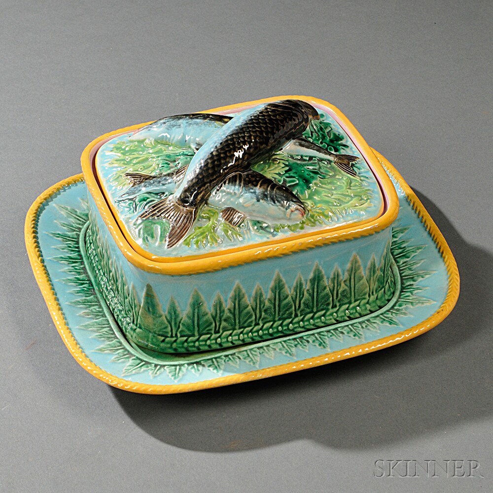 Appraisal: George Jones Majolica Sardine Box and Stand England c rectangular