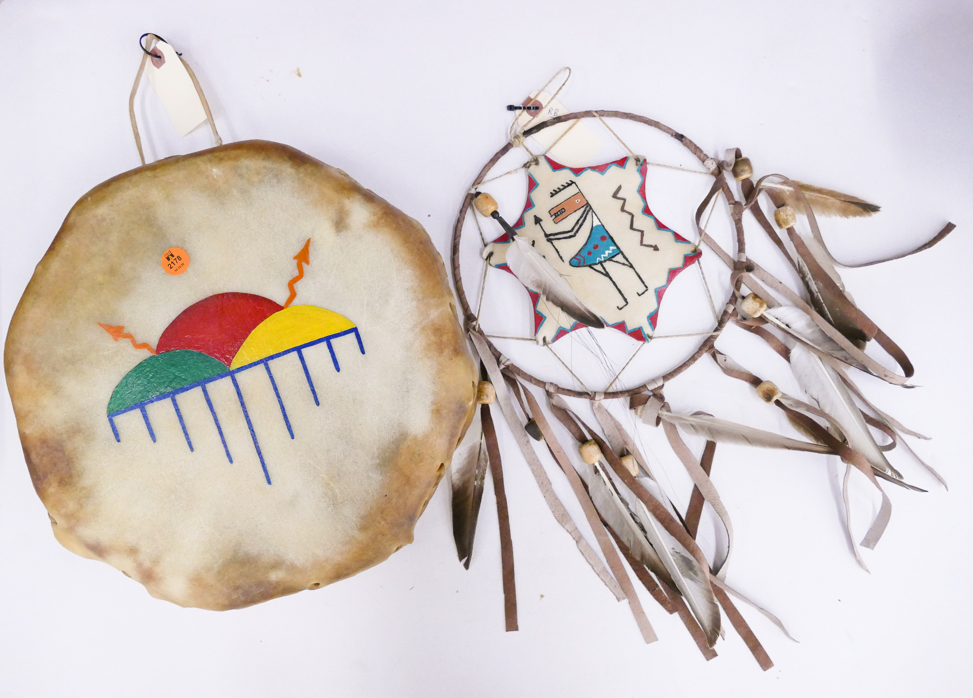 Appraisal: Native Leather Drum Dream Catcher- '' to ''