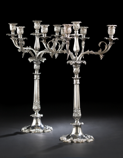 Appraisal: Monumental Pair of Continental Silverplate Five-Light Candelabra first quarter th