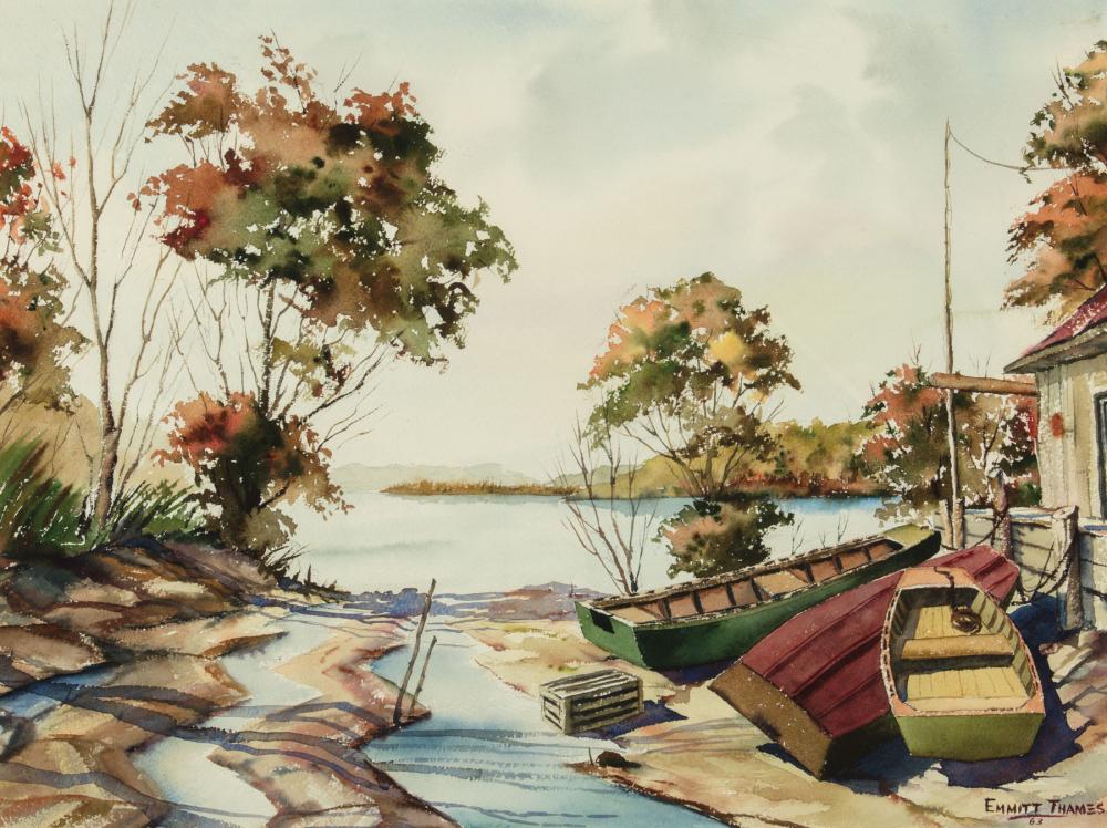 Appraisal: Emmitt Thames American Mississippi b Fall Landscape with Docked Boats