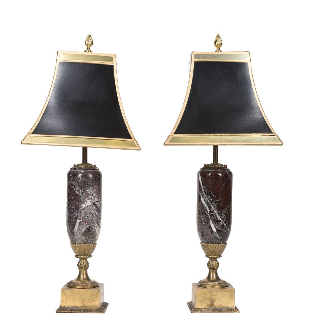 Appraisal: Pair of Continental Bronze and Marble Table Lamps vasiform standard