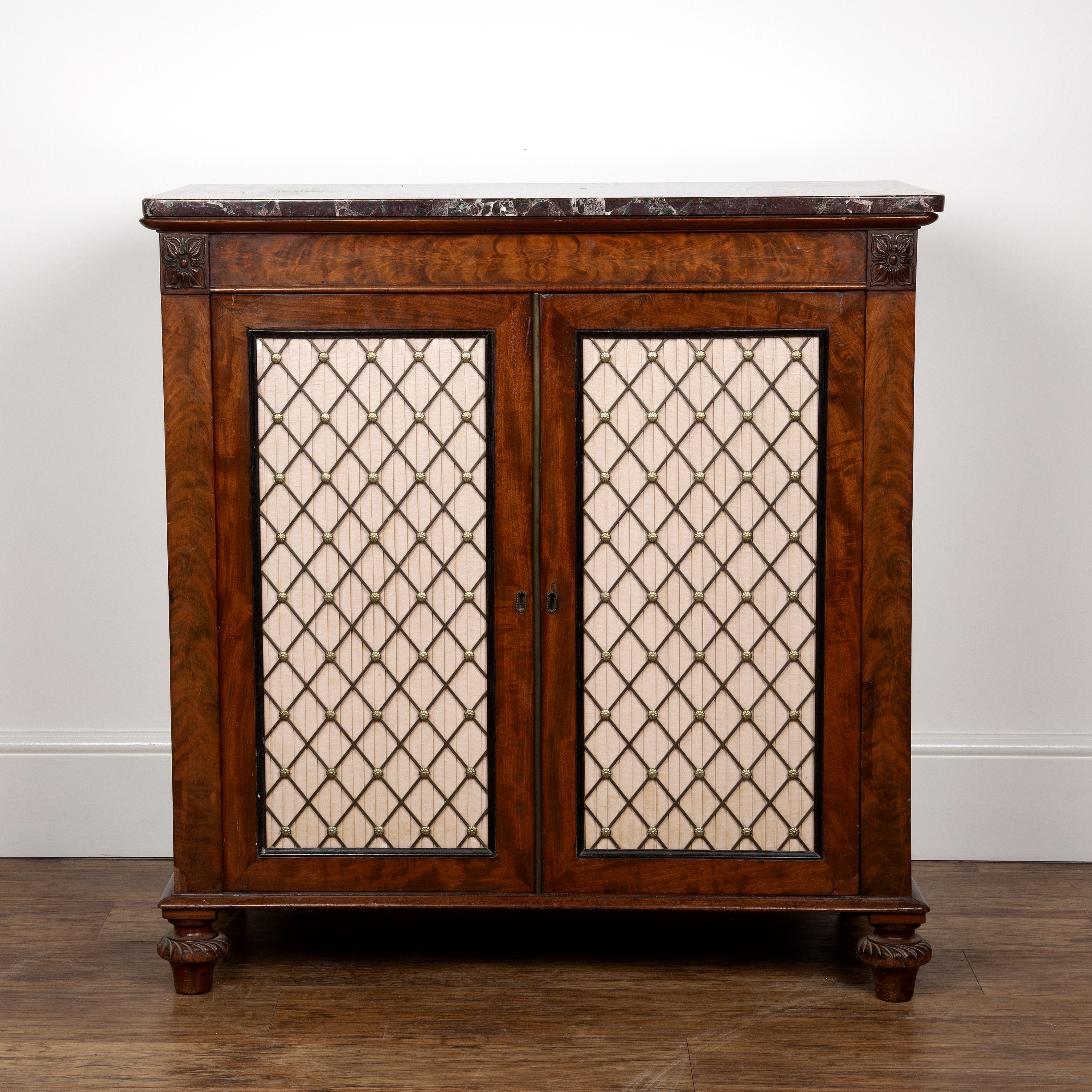 Appraisal: Mahogany and marble top side cabinet th Century with enclosed