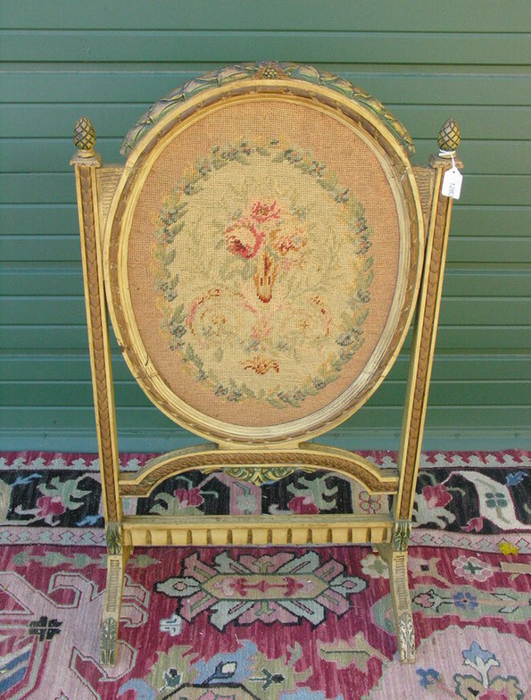 Appraisal: FRENCH NEEDLEPOINT FIRE SCREEN Circa Oval Size by Condition age