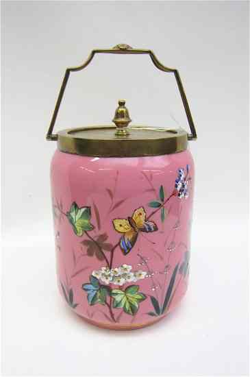 Appraisal: ENGLISH VICTORIAN HAND ENAMELED BISCUIT JAR with butterflies and floral