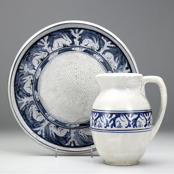 Appraisal: DEDHAM Crackleware pitcher and serving platter in the Clockwise Rabbit