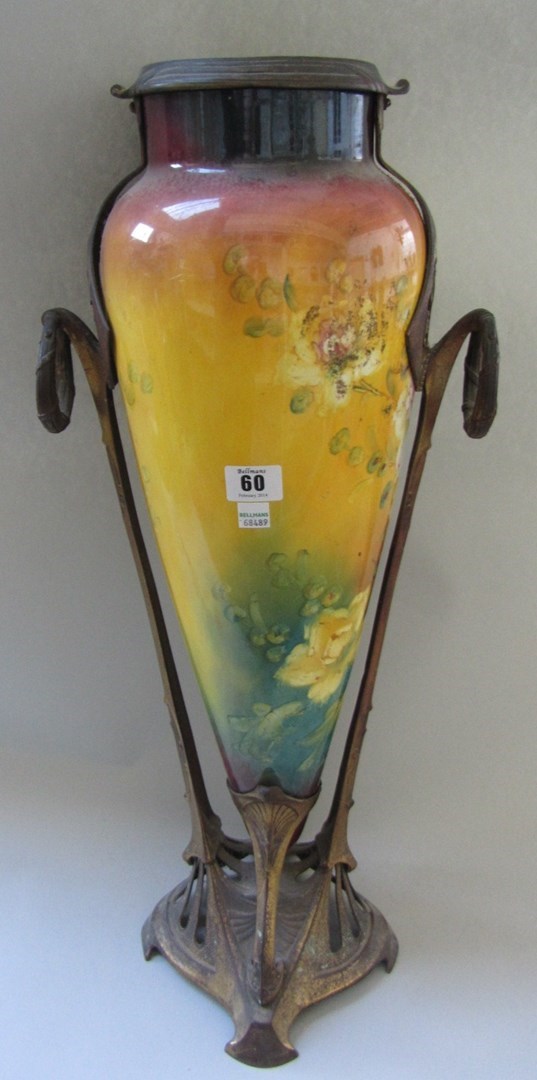 Appraisal: A brass mounted pottery vase of tapering from early th