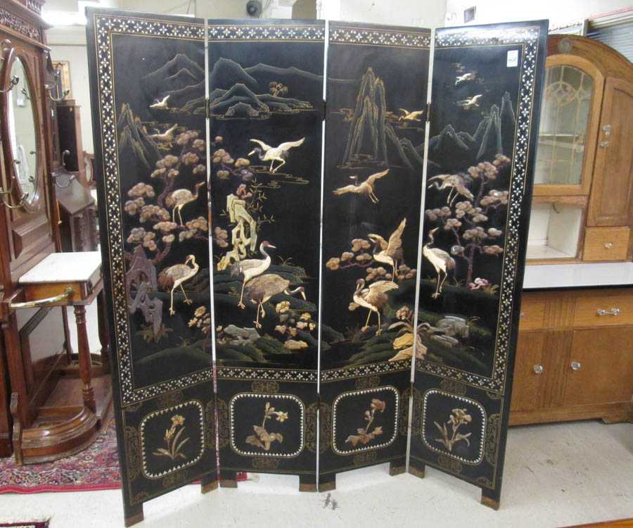 Appraisal: CHINESE FOUR-PANEL FLOOR SCREEN featuring applied carvings in a pictorial