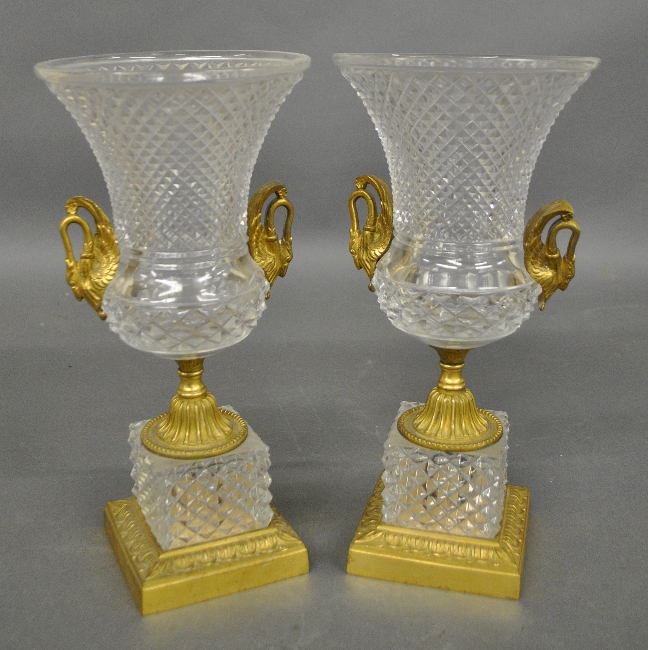 Appraisal: - Pair of French crystal and gilt metal urns th