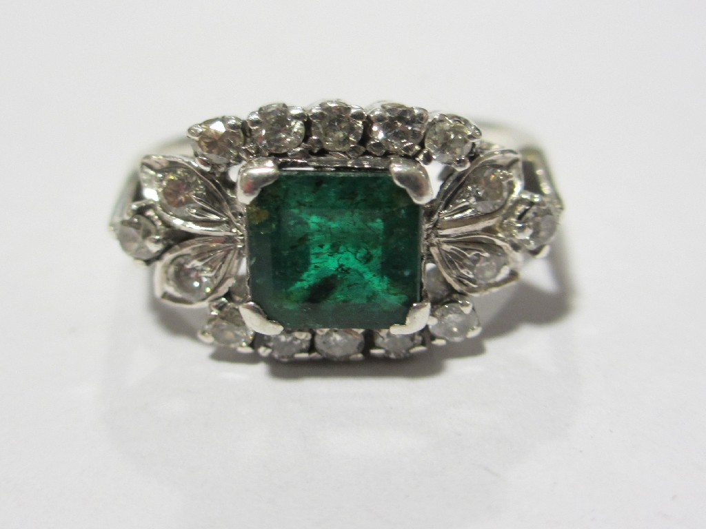 Appraisal: Nineteen forties white metal emerald and diamond set dress ring