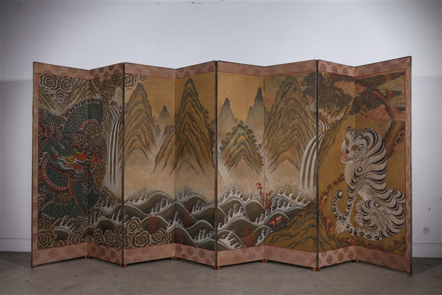 Appraisal: Large Korean painted panel screen with dragon and white tiger