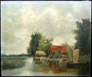 Appraisal: Landscape ORIGINAL OIL PAINTING ON CANVAS th Century Dock Sailing