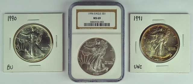 Appraisal: Three Silver EaglesDates are some toning and very scarce graded