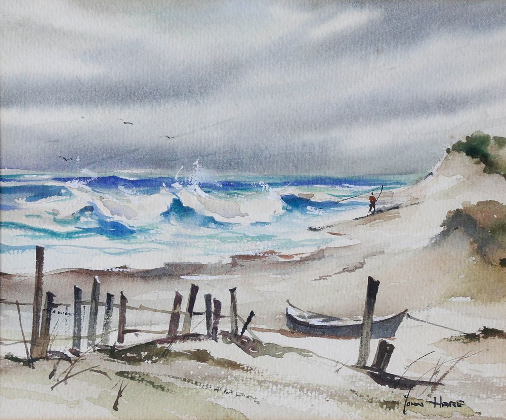 Appraisal: John Hare Watercolor on Paper Lone Surfcaster John Hare American