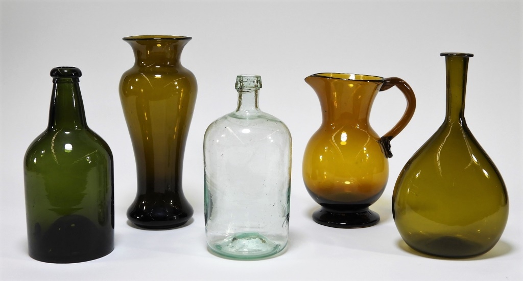 Appraisal: PC C AMERICAN HAND BLOWN GLASS BOTTLES PITCHER United States