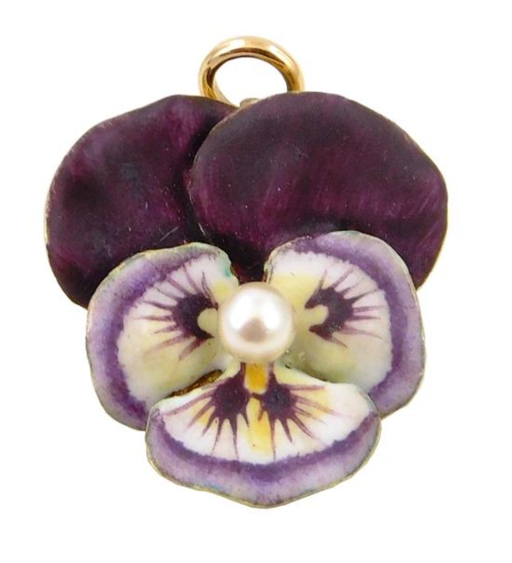 Appraisal: JEWELRY K Yellow Gold and Enamel Pansy Pin Pendant stamped