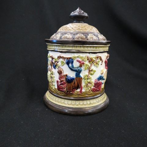 Appraisal: Majolica Pottery Humidor raised figures in festive scenes signed Austria