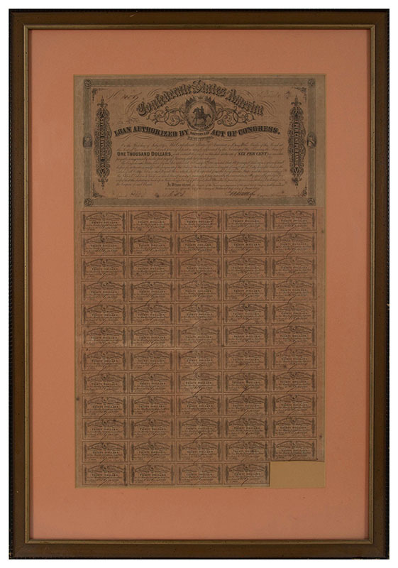 Appraisal: FRAMED CONFEDERATE LOAN DOCUMENT dated rd series coupons remaining serial