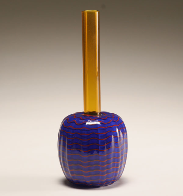 Appraisal: Chatham Glass Co blue glass bud vase Orange striping Signed