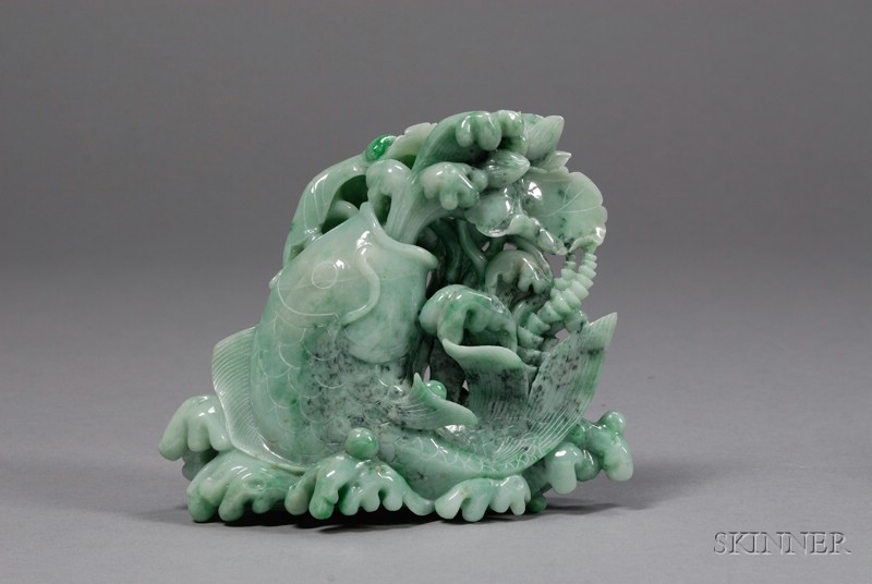 Appraisal: Jade Carving stone of a bright apple green color carving