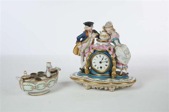 Appraisal: MANTLE CLOCK AND INKWELL Hand decorated porcelain clock with two