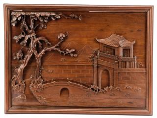 Appraisal: Chinese Carved Wood Relief Plaque Cherry Tree Chinese th century