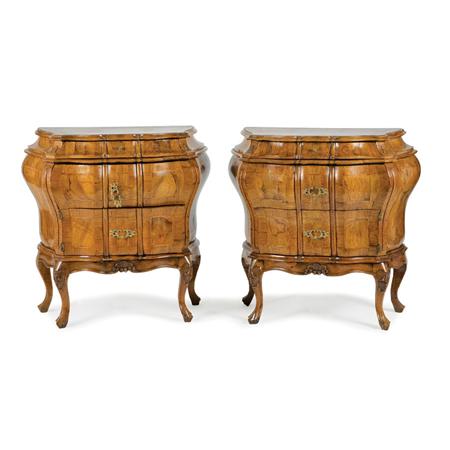 Appraisal: Pair of Italian Rococo Fruitwood Diminutive Bombe Commodes Estimate -