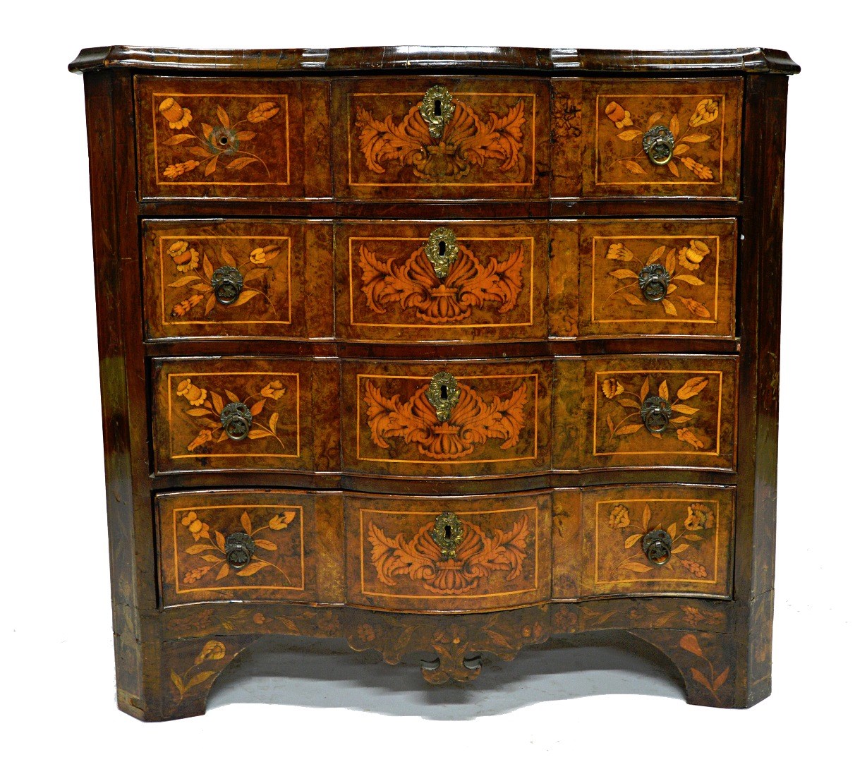 Appraisal: An th century Dutch floral marquetry inlaid walnut serpentine chest