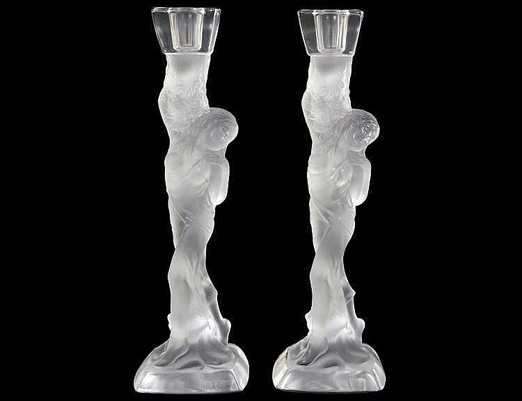 Appraisal: PAIR OF FROSTED GLASS FIGURAL CANDLESTICKSModern Each depicting a standing