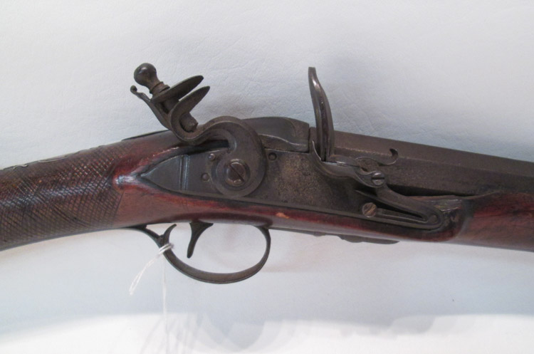 Appraisal: ANTIQUE ENGLISH FLINTLOCK MUSKET approximately caliber checkered walnut half length