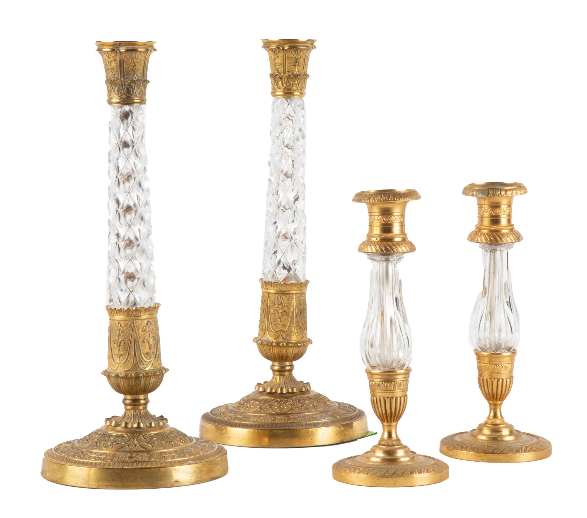 Appraisal: TWO PAIR OF GILT BRONZE BACCARAT CRYSTAL EMPIRE STYLE CANDLESTICKS