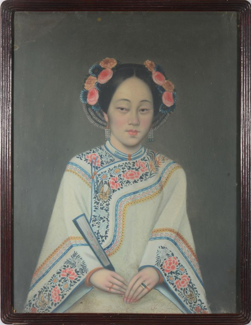 Appraisal: THREE CHINESE EXPORT PORTRAITS OF LADIES Gouache and oil on