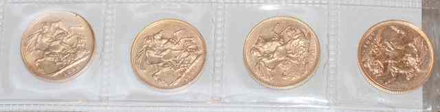 Appraisal: FOUR QUEEN VICTORIA GOLD SOVEREIGNS Old Veil head St George