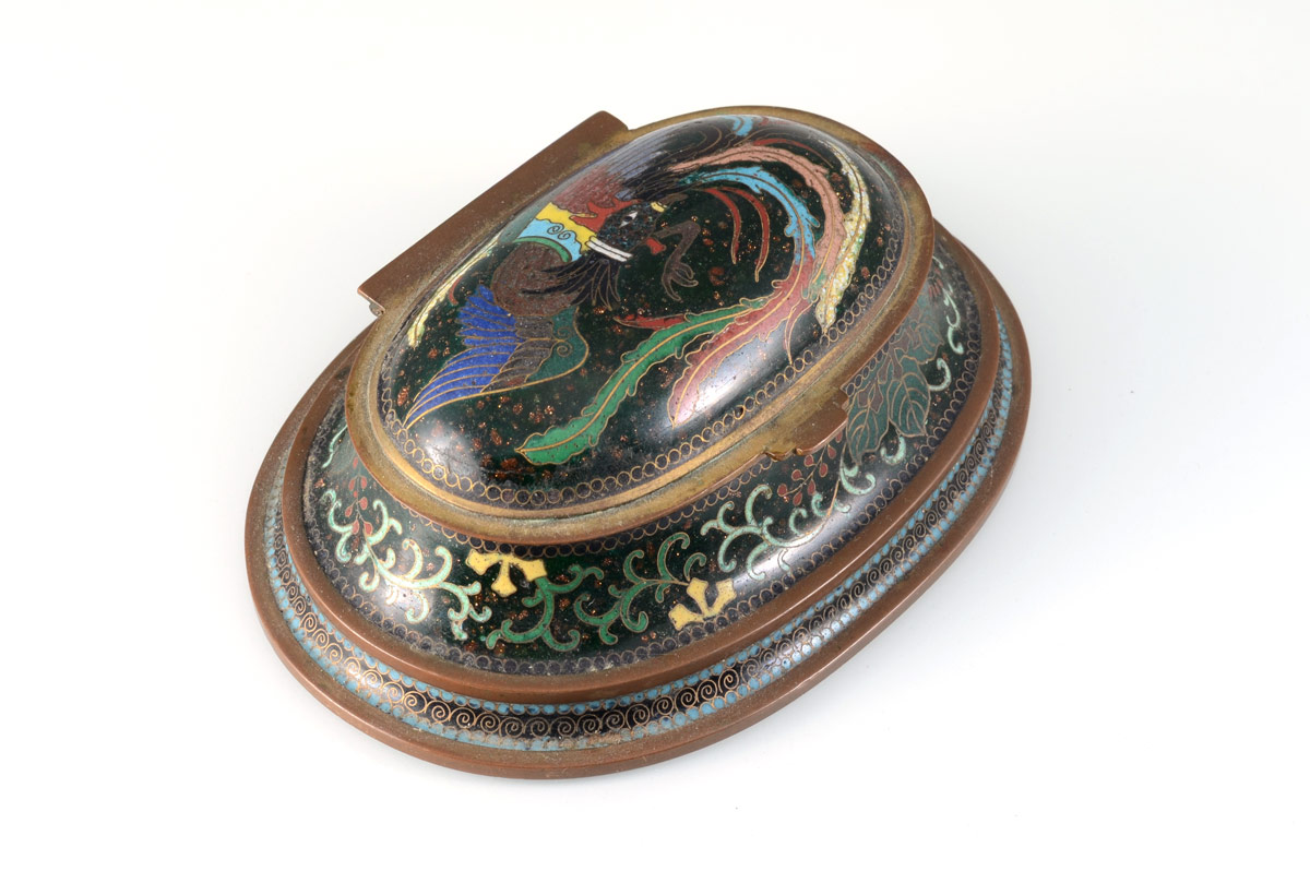 Appraisal: JAPANESE CLOISONNE INK STAND Intricately decorated with bird of paradise