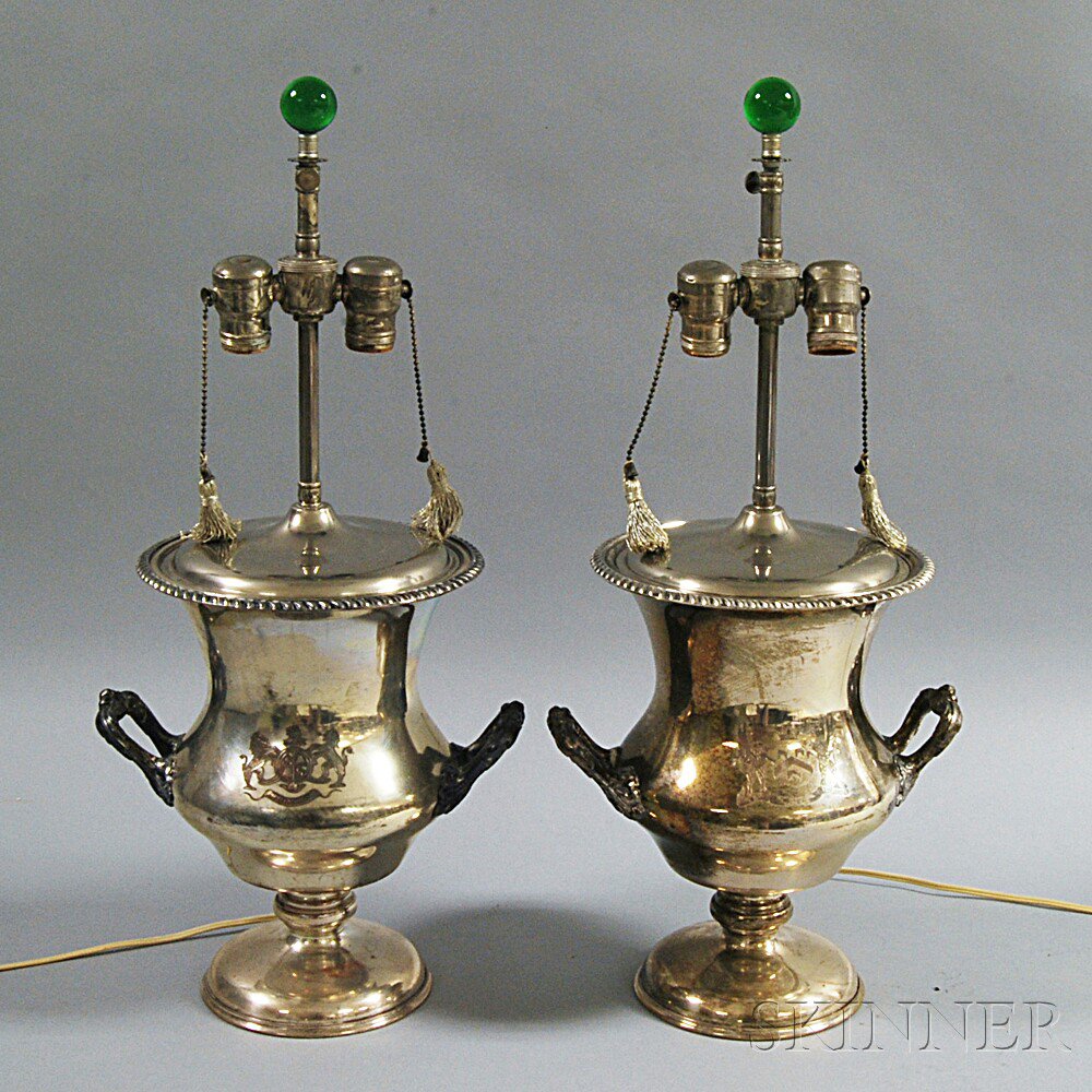 Appraisal: Pair of Silver-plated Trophy Lamps th century the handled trophy