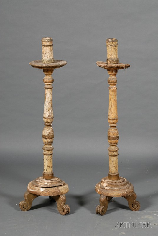 Appraisal: Pair of Italian Renaissance-style Tall Faux Marble Painted Wood Candlesticks