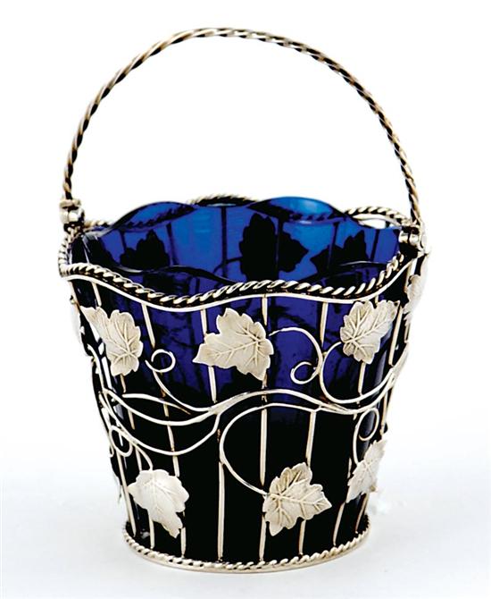 Appraisal: Bailey Co silver filigree basket second half th century cobalt