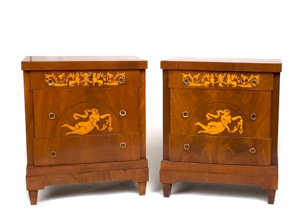 Appraisal: A pair of Danish style inlaid three drawer commodes height