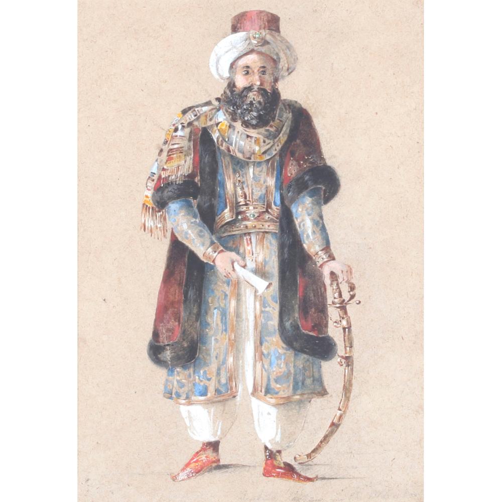 Appraisal: UNIDENTIFIED ORIENTALIST PORTRAIT OF A SULTAN WITH SCROLL AND SWORD