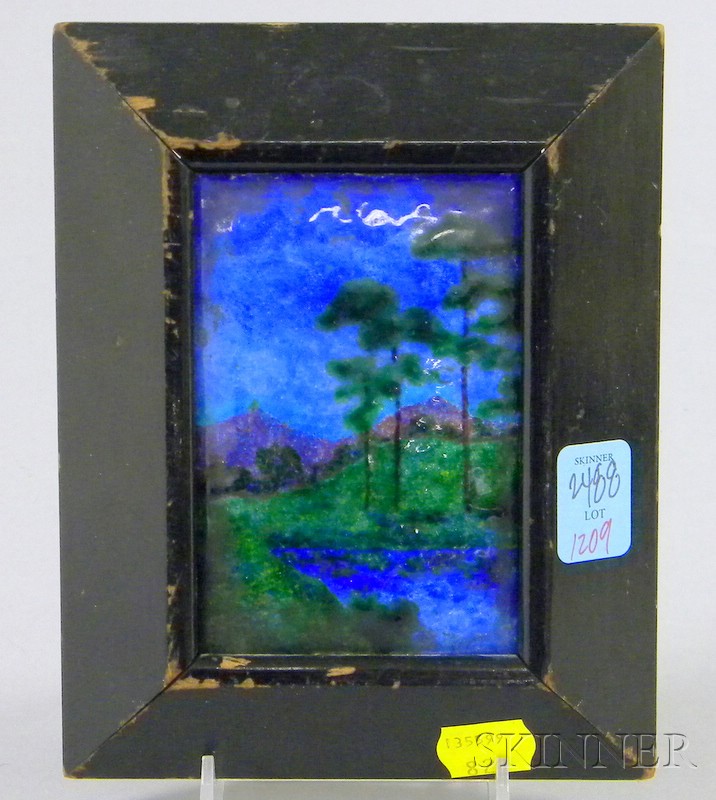 Appraisal: Framed Miniature Arts Crafts Landscape Scene Enamel on Copper Plaque