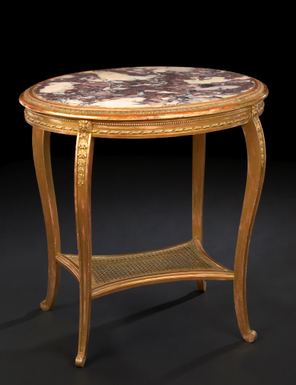 Appraisal: Transitional Louis XV-into-Louis XVI-Style Giltwood and Marble-Top Center Table late