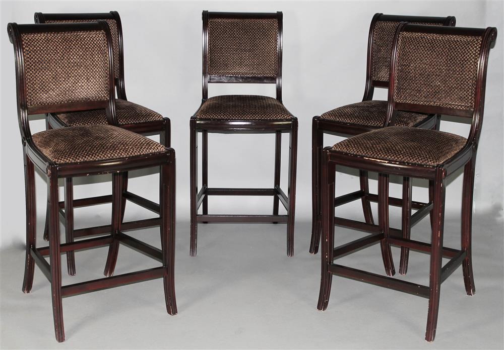 Appraisal: SET OF FIVE BAR CHAIRS CHECKED BROWN AND CARAMEL CUT