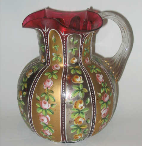 Appraisal: HAND PAINTED GLASS PITCHER With triple ruffled top rim all