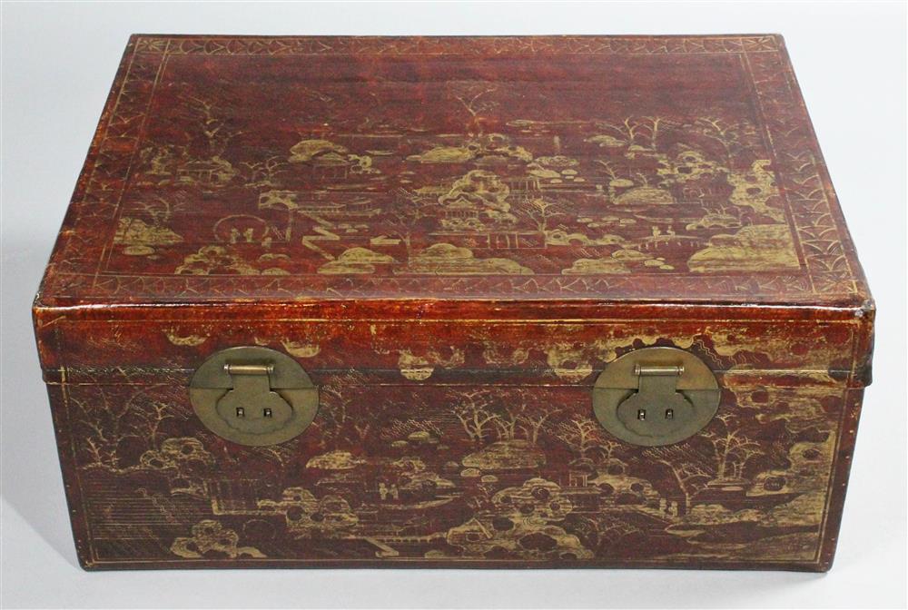 Appraisal: CHINESE RED AND GOLD EXPORT LACQUER PIGSKIN TRUNK TH CENTURY