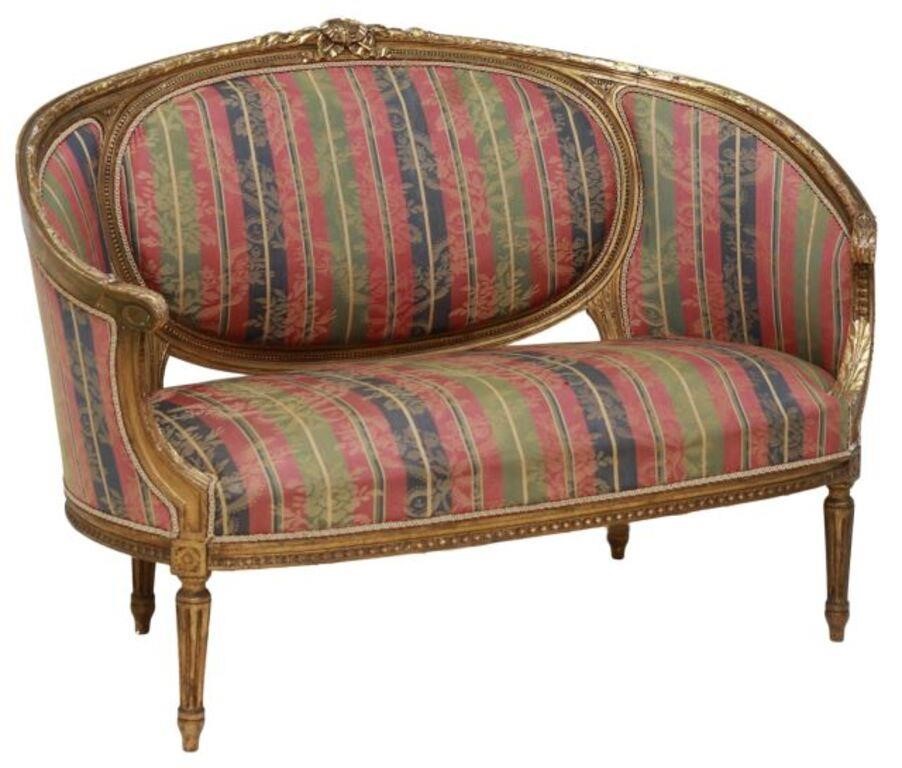 Appraisal: French Louis XVI style giltwood settee thc having ribbon crest