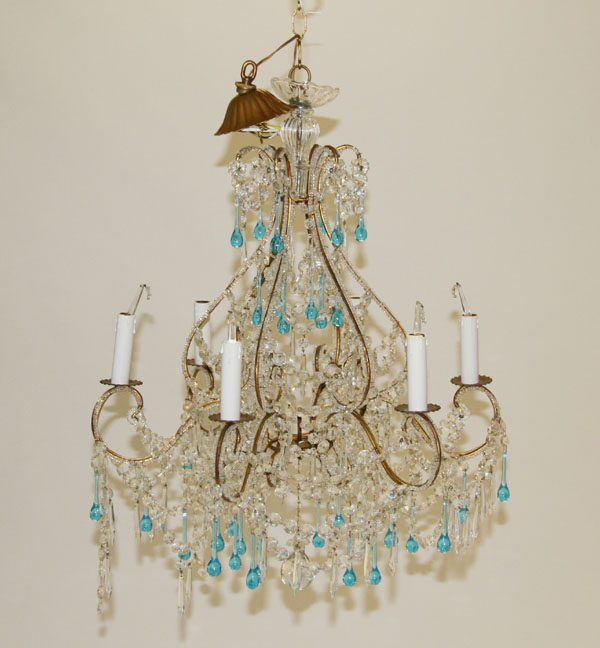 Appraisal: Crystal chandelier with turquoise glass drop accents H Good condition