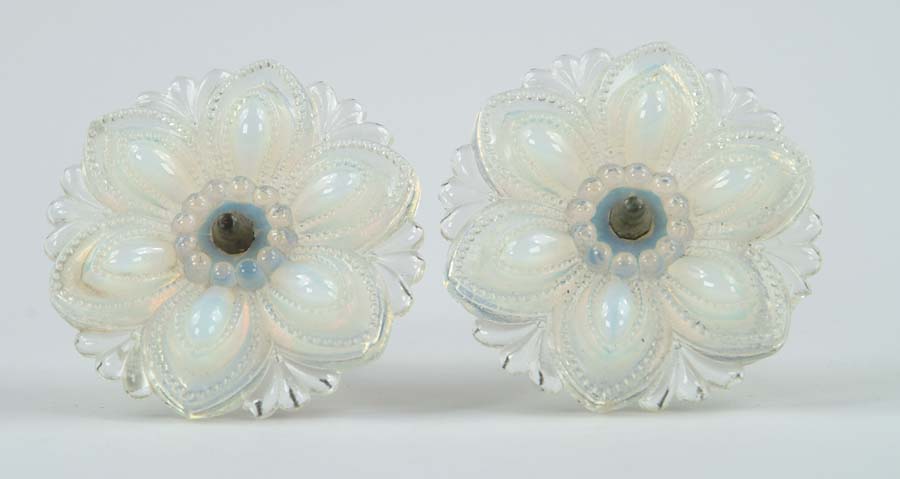 Appraisal: PAIR OF OPALESCENT SANDWICH GLASS CURTAIN TIE BACKS Six petal